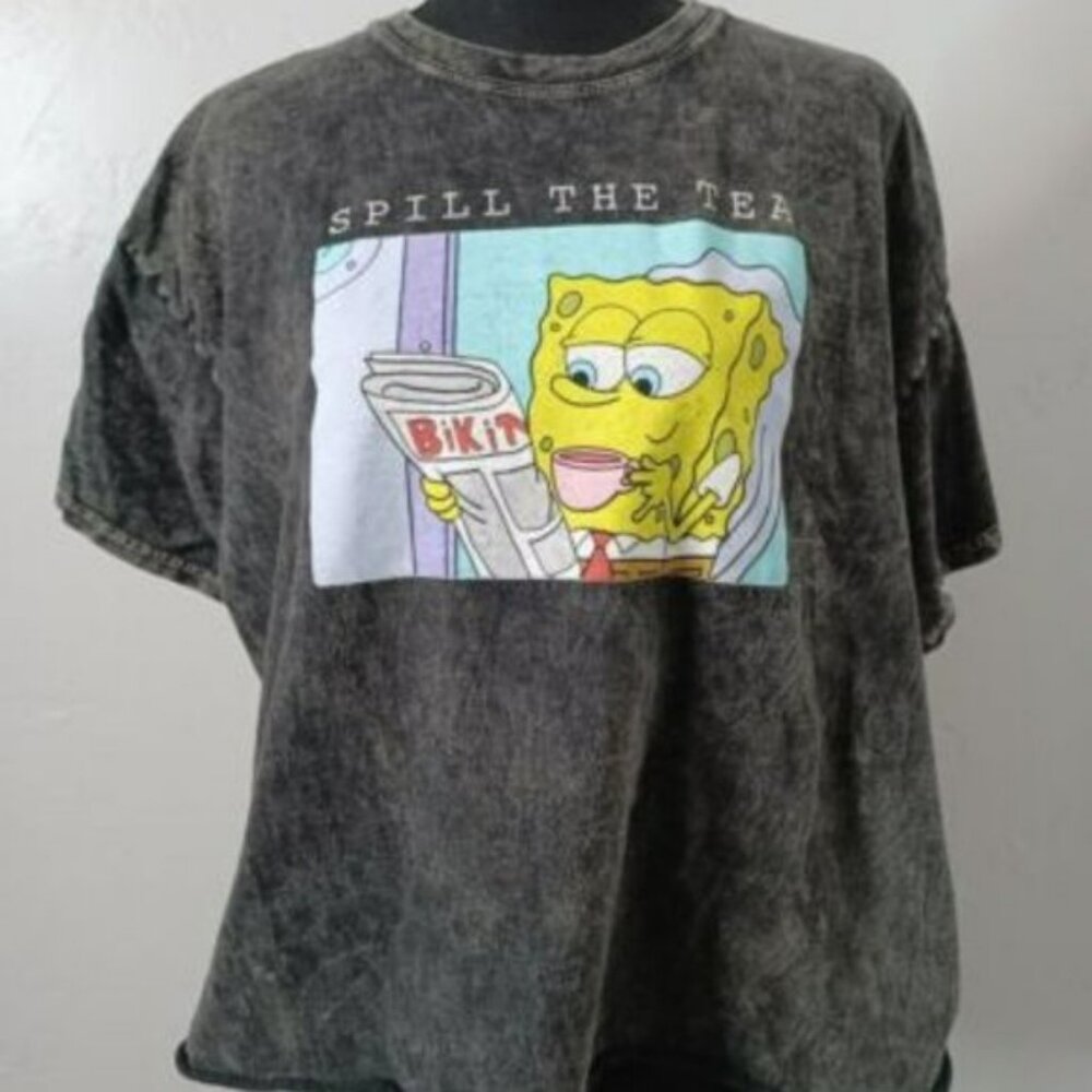 Spongebob Square Pants Crop‎ Top T-Shirt Women's XL Gray Graphic Crew Neck